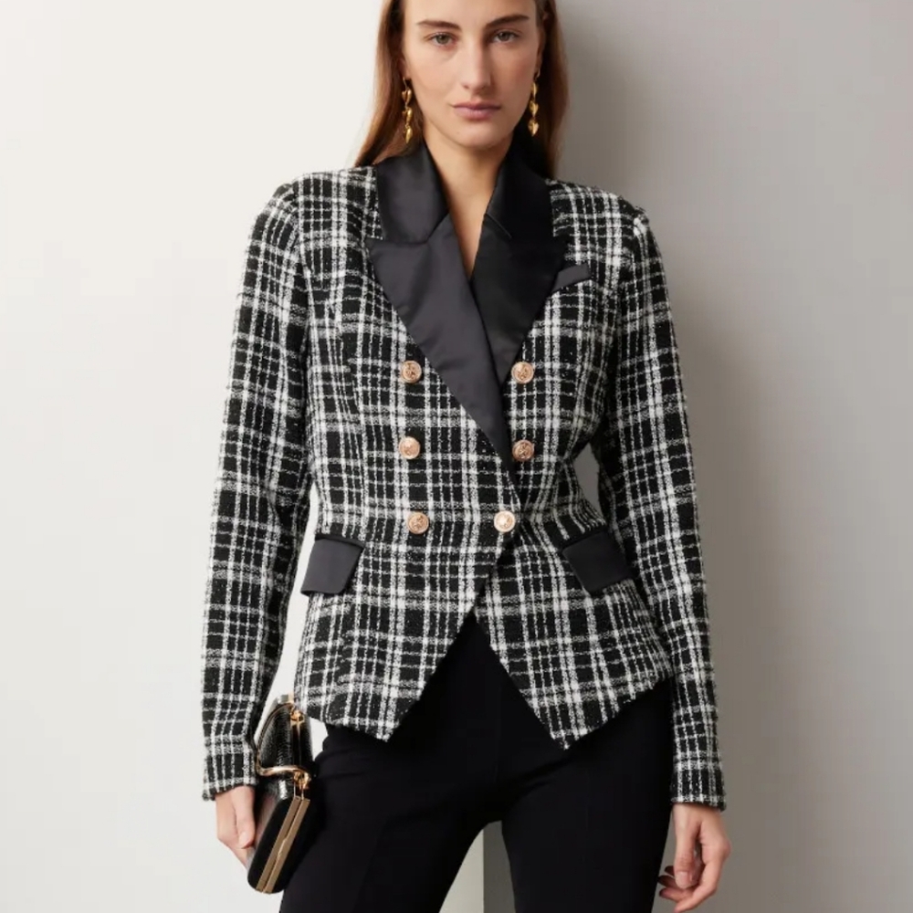 Rachel Parcell Double Brested Satin Lapel Black and White Checkered Tweed Blazer